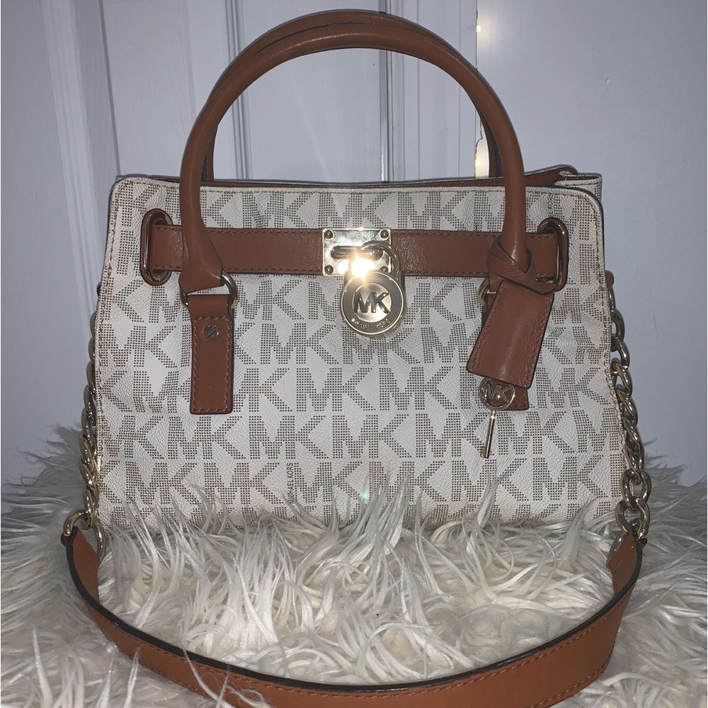 Michael Kors Bag, Used Michael Kors Hamilton Ivory Monogram Padlock Logo Satchel